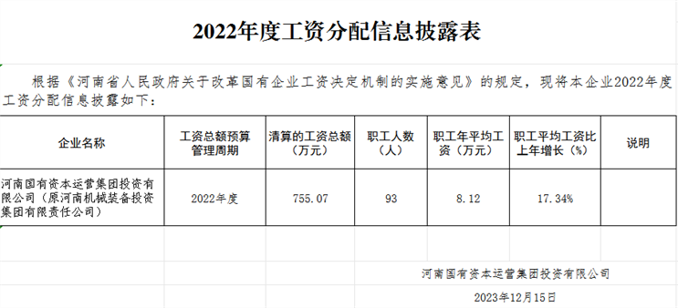 河南國有資本運營集團投資有限公司工資分配信息披露表